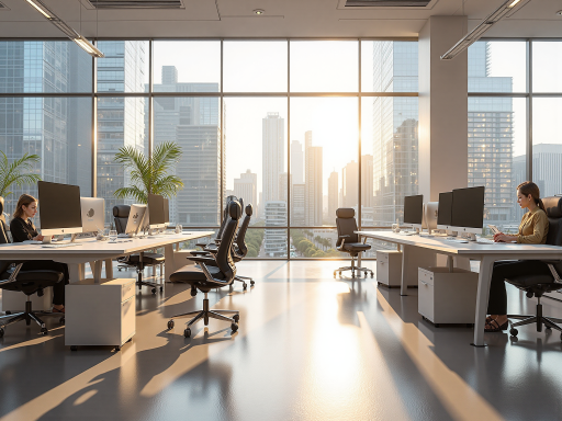 公司办公环境,现代化办公室,员工在工作区域讨论项目,明亮自然光线,商务氛围